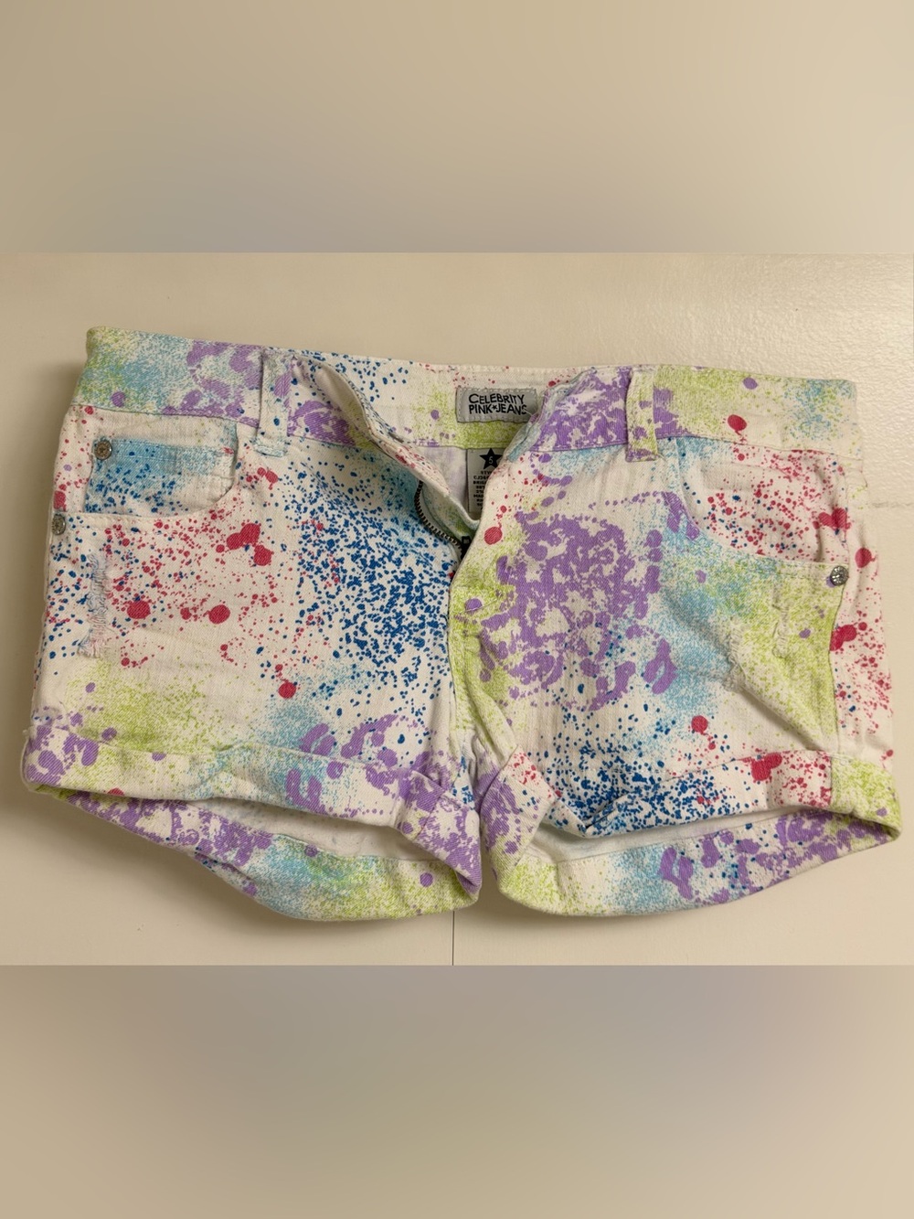 Celebrity Pink White Denim Shorts with Multicolor Paint Splatter